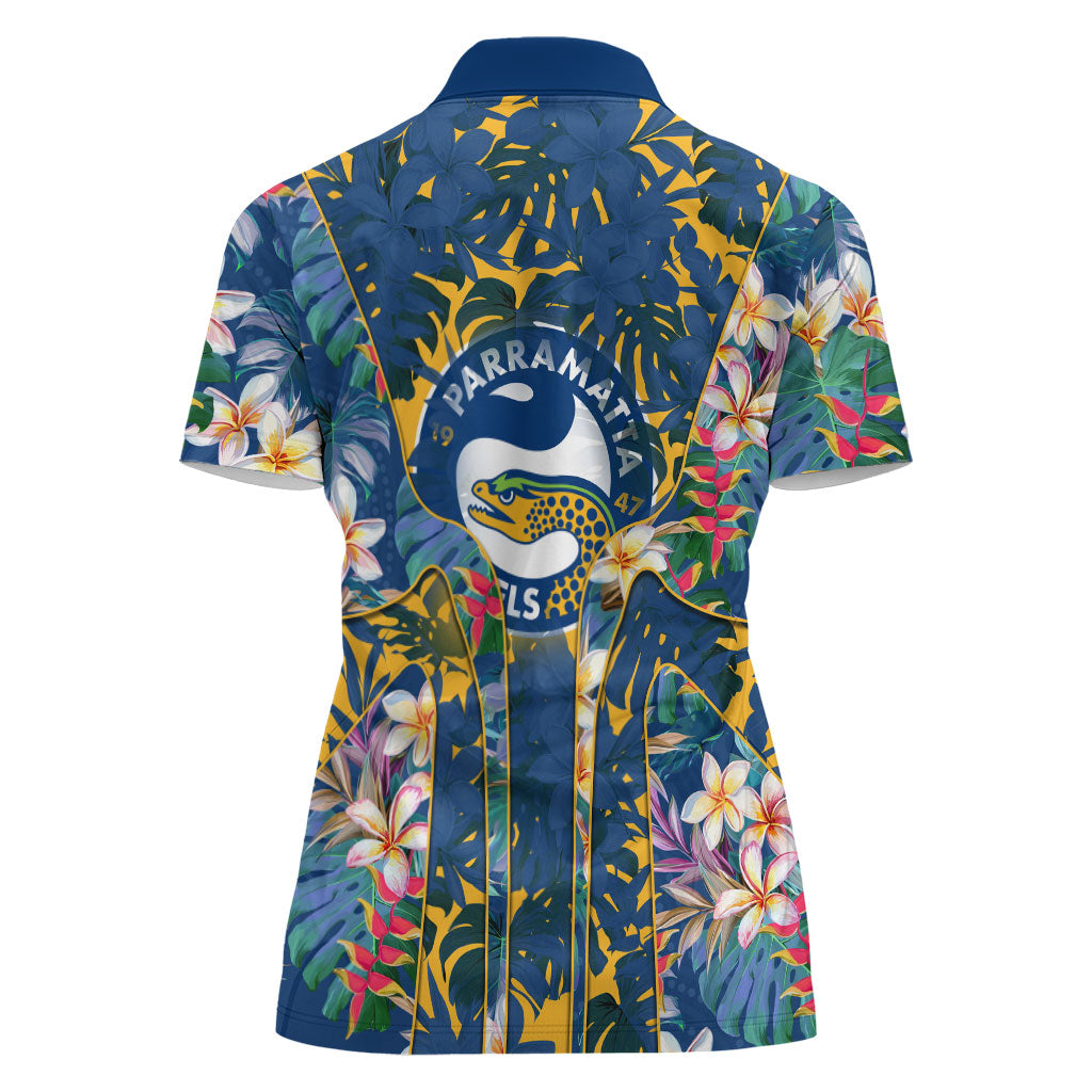 Parramatta Eels Women Polo Shirt Tropical Hibiscus Floral Pattern With Blue And Yellow Accents
