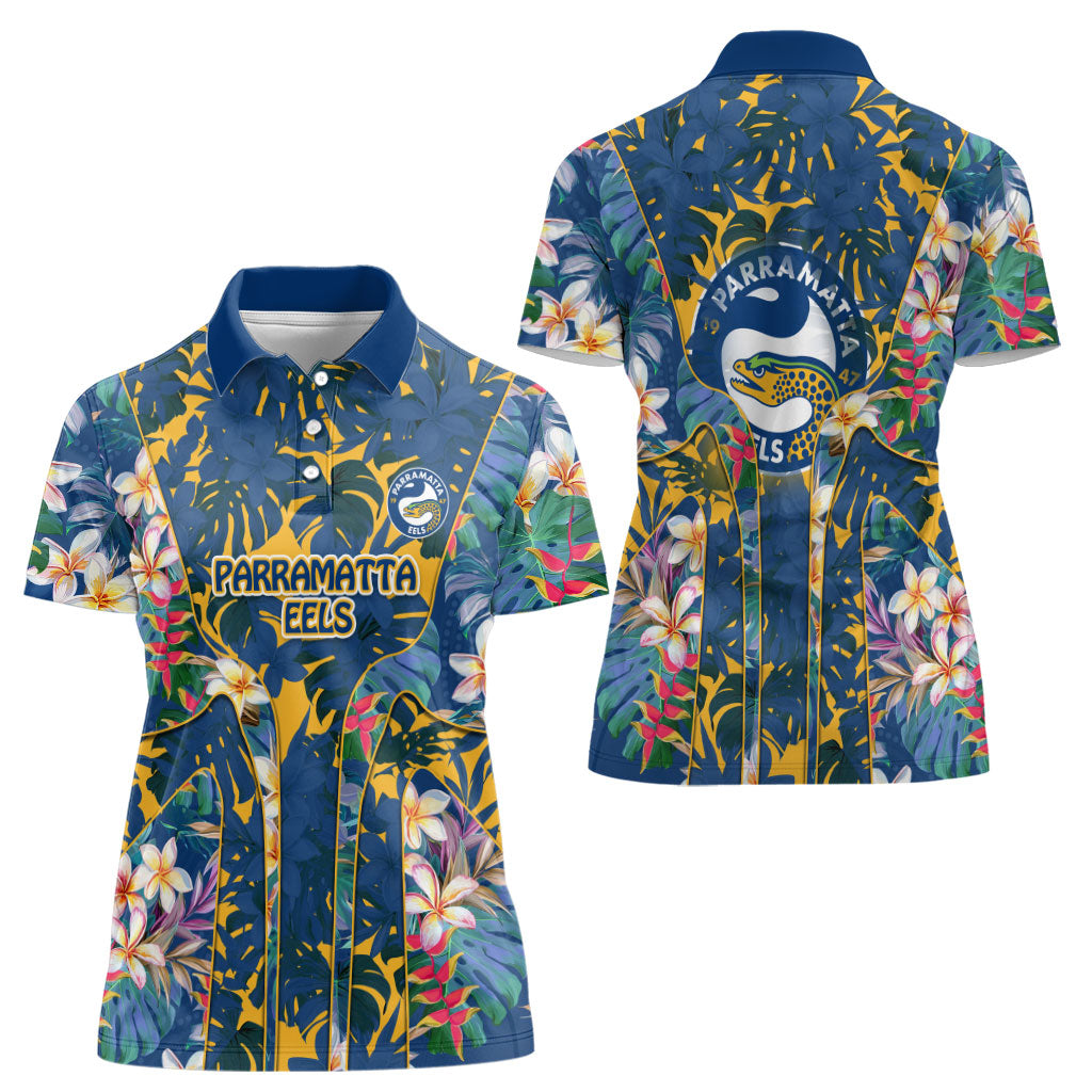 Parramatta Eels Women Polo Shirt Tropical Hibiscus Floral Pattern With Blue And Yellow Accents