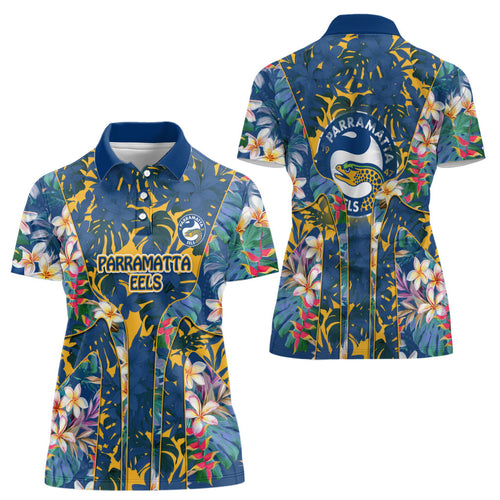 Parramatta Eels Women Polo Shirt Tropical Hibiscus Floral Pattern With Blue And Yellow Accents