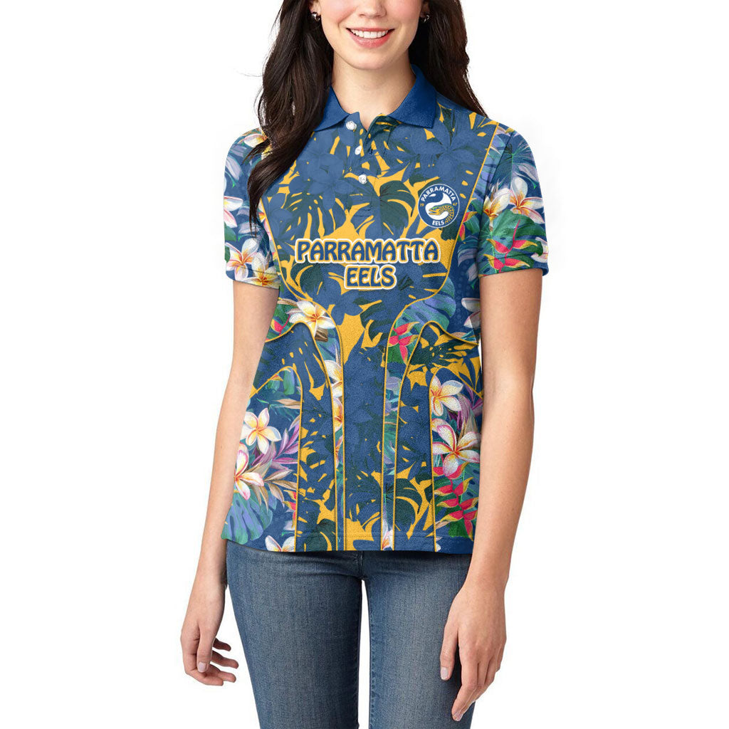 Parramatta Eels Women Polo Shirt Tropical Hibiscus Floral Pattern With Blue And Yellow Accents