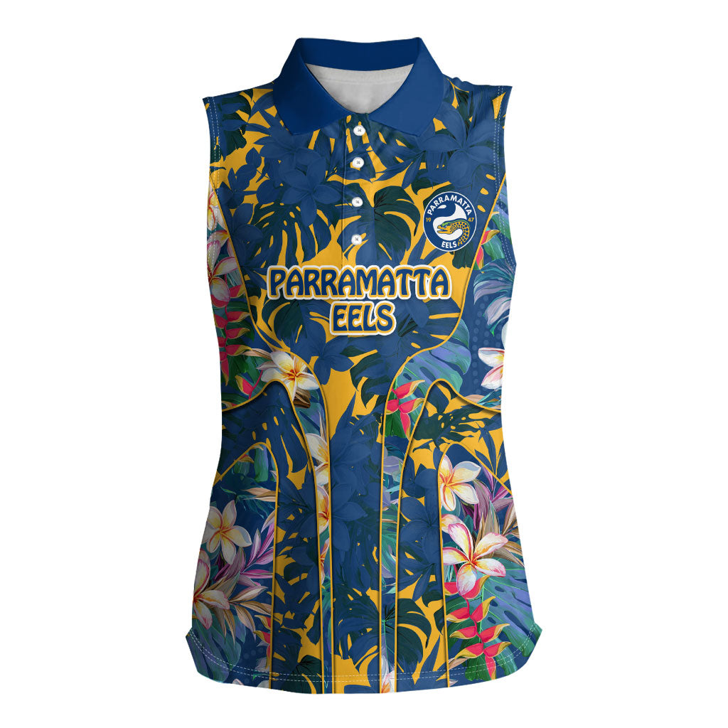 Parramatta Eels Women Sleeveless Polo Shirt Tropical Hibiscus Floral Pattern With Blue And Yellow Accents