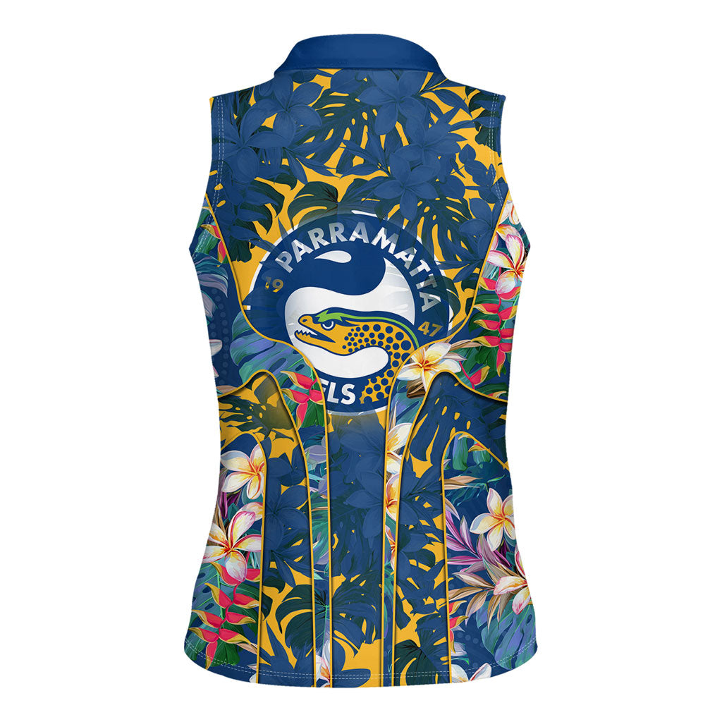 Parramatta Eels Women Sleeveless Polo Shirt Tropical Hibiscus Floral Pattern With Blue And Yellow Accents