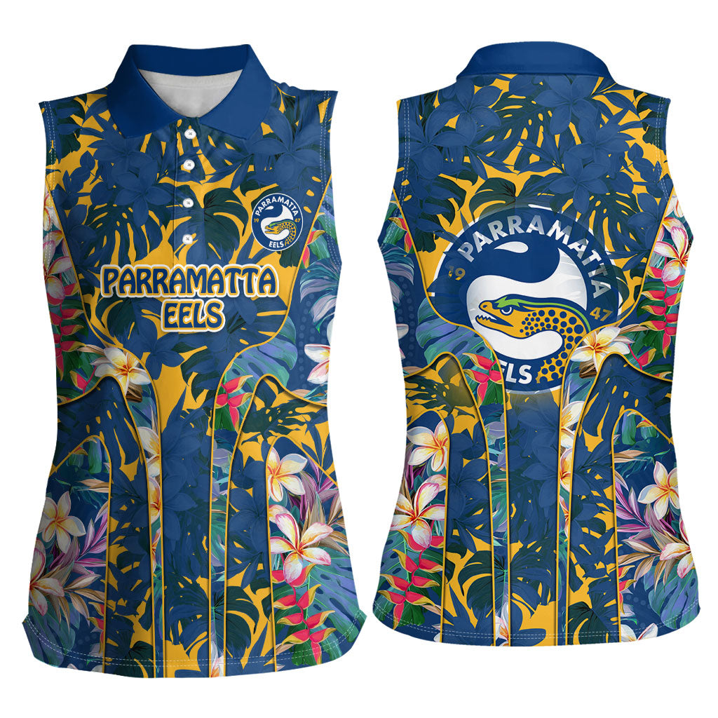 Parramatta Eels Women Sleeveless Polo Shirt Tropical Hibiscus Floral Pattern With Blue And Yellow Accents