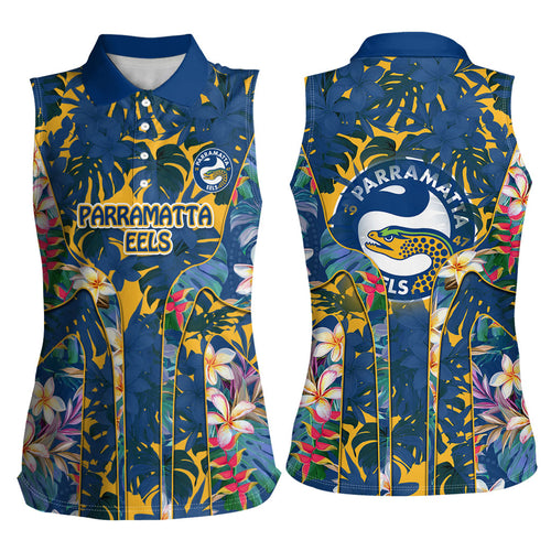 Parramatta Eels Women Sleeveless Polo Shirt Tropical Hibiscus Floral Pattern With Blue And Yellow Accents