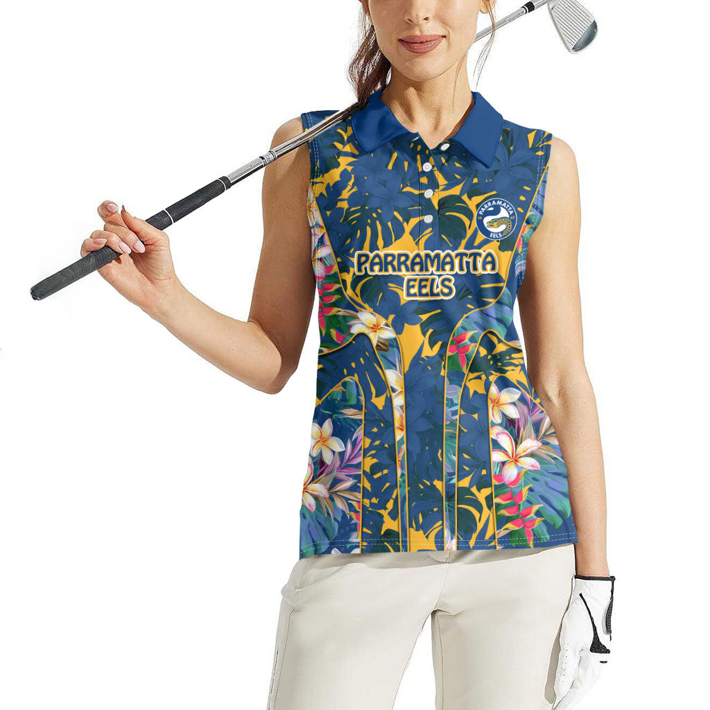 Parramatta Eels Women Sleeveless Polo Shirt Tropical Hibiscus Floral Pattern With Blue And Yellow Accents