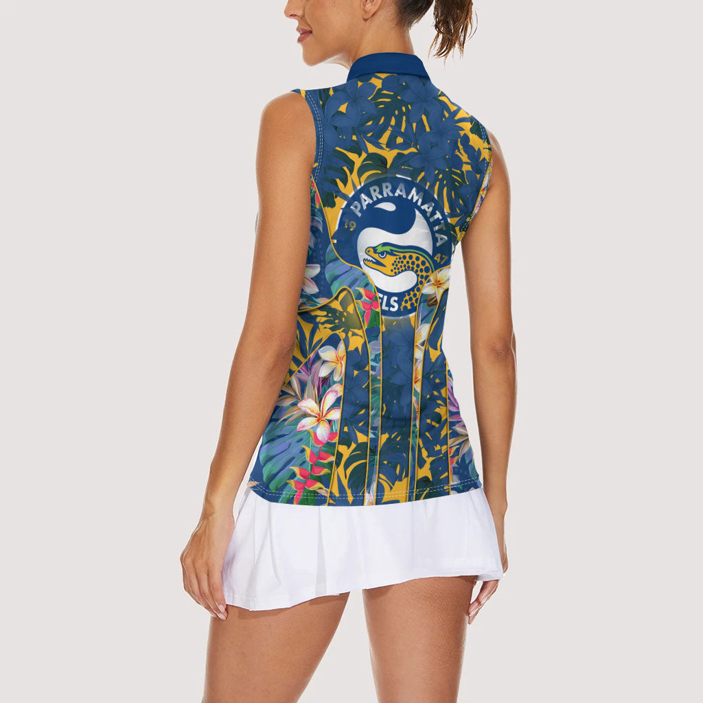 Parramatta Eels Women Sleeveless Polo Shirt Tropical Hibiscus Floral Pattern With Blue And Yellow Accents