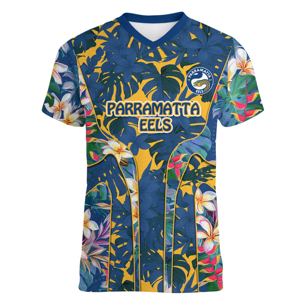 Parramatta Eels Women V-Neck T-Shirt Tropical Hibiscus Floral Pattern With Blue And Yellow Accents