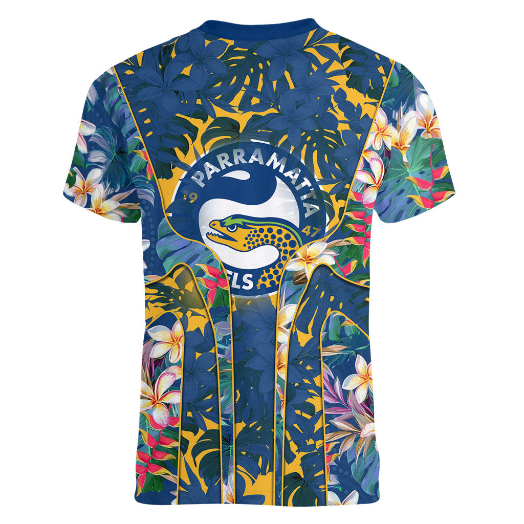 Parramatta Eels Women V-Neck T-Shirt Tropical Hibiscus Floral Pattern With Blue And Yellow Accents