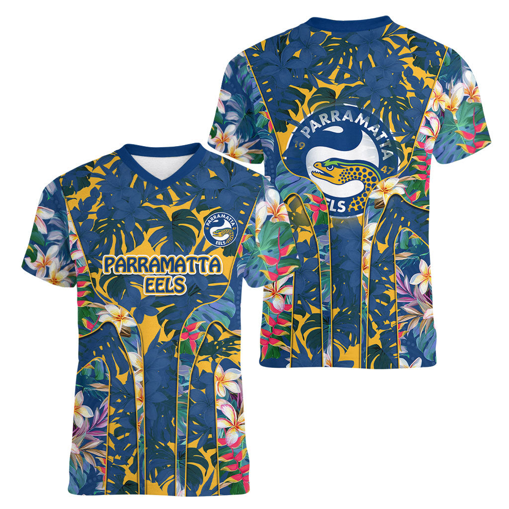 Parramatta Eels Women V-Neck T-Shirt Tropical Hibiscus Floral Pattern With Blue And Yellow Accents