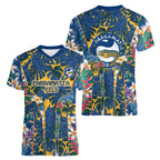 Parramatta Eels Women V-Neck T-Shirt Tropical Hibiscus Floral Pattern With Blue And Yellow Accents