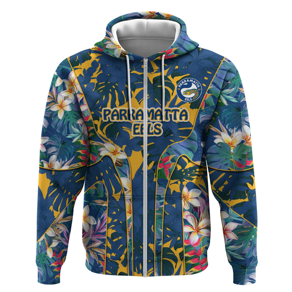 Parramatta Eels Zip Hoodie Tropical Hibiscus Floral Pattern With Blue And Yellow Accents