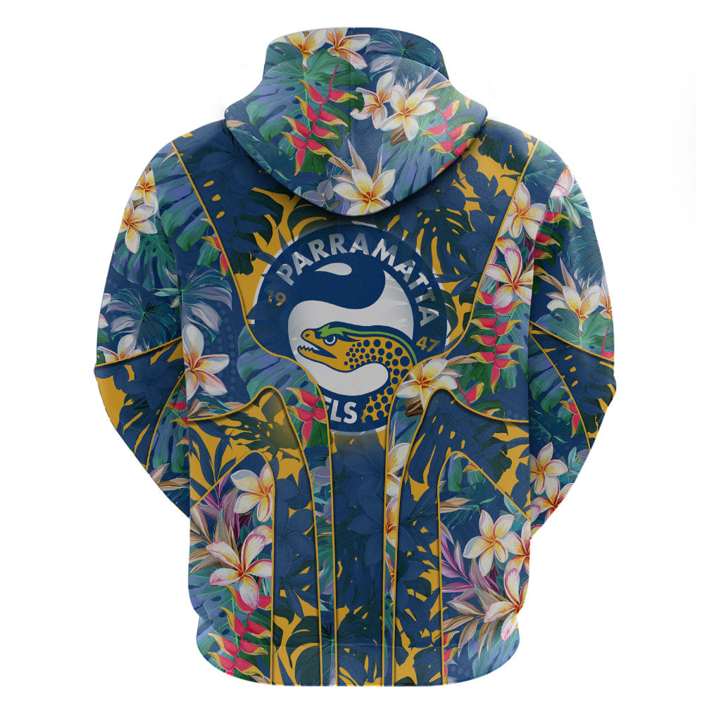 Parramatta Eels Zip Hoodie Tropical Hibiscus Floral Pattern With Blue And Yellow Accents
