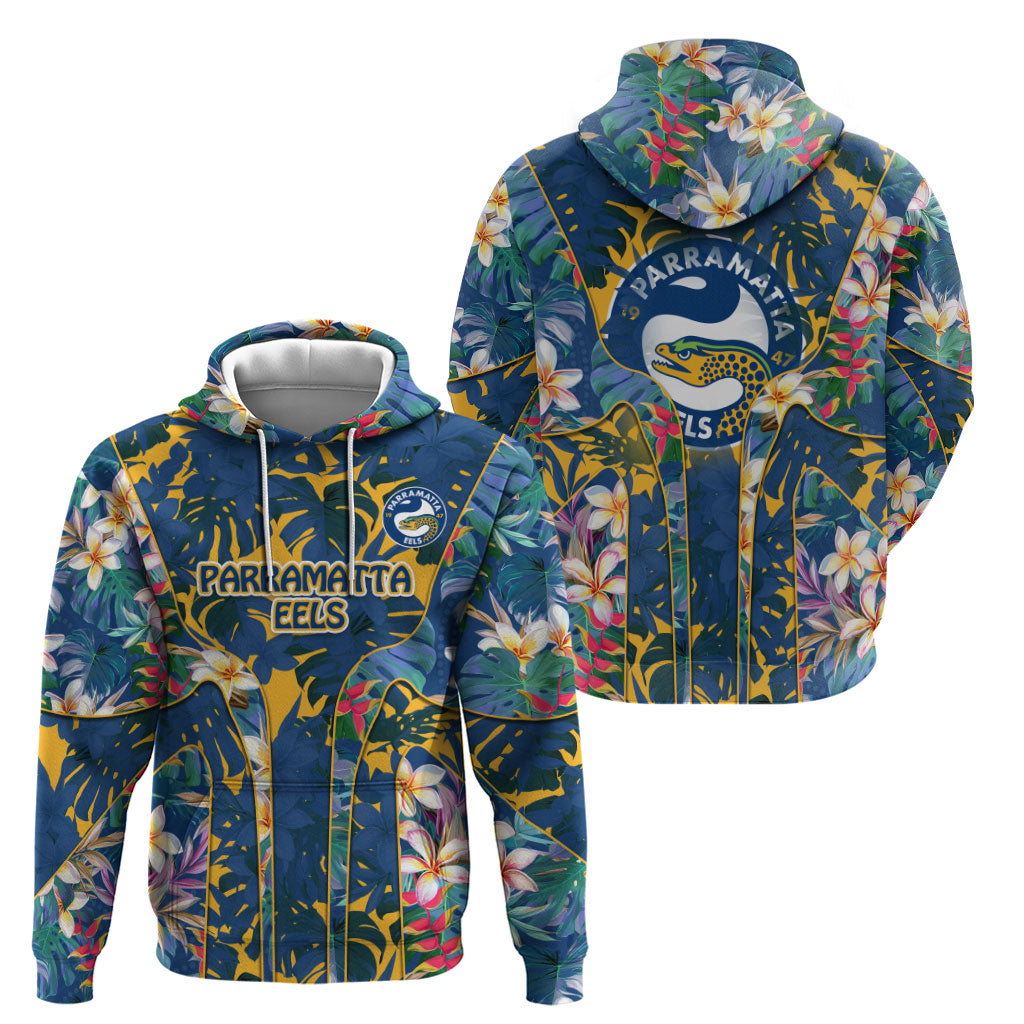 Parramatta Eels Zip Hoodie Tropical Hibiscus Floral Pattern With Blue And Yellow Accents