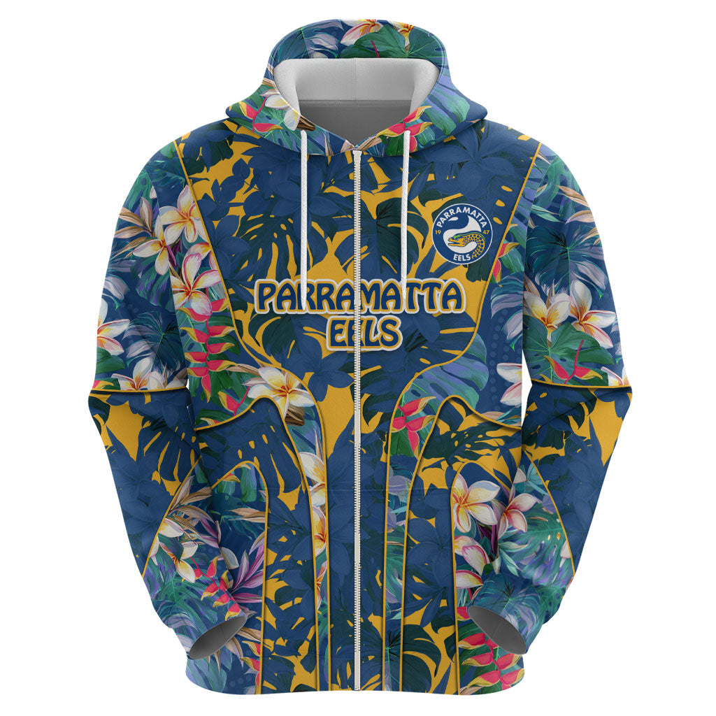 Parramatta Eels Zip Hoodie Tropical Hibiscus Floral Pattern With Blue And Yellow Accents