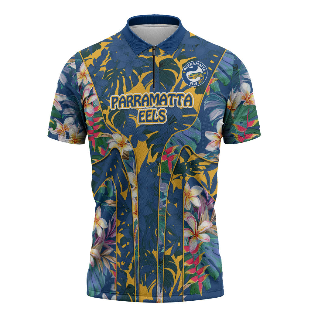 Parramatta Eels Zipper Polo Shirt Tropical Hibiscus Floral Pattern With Blue And Yellow Accents