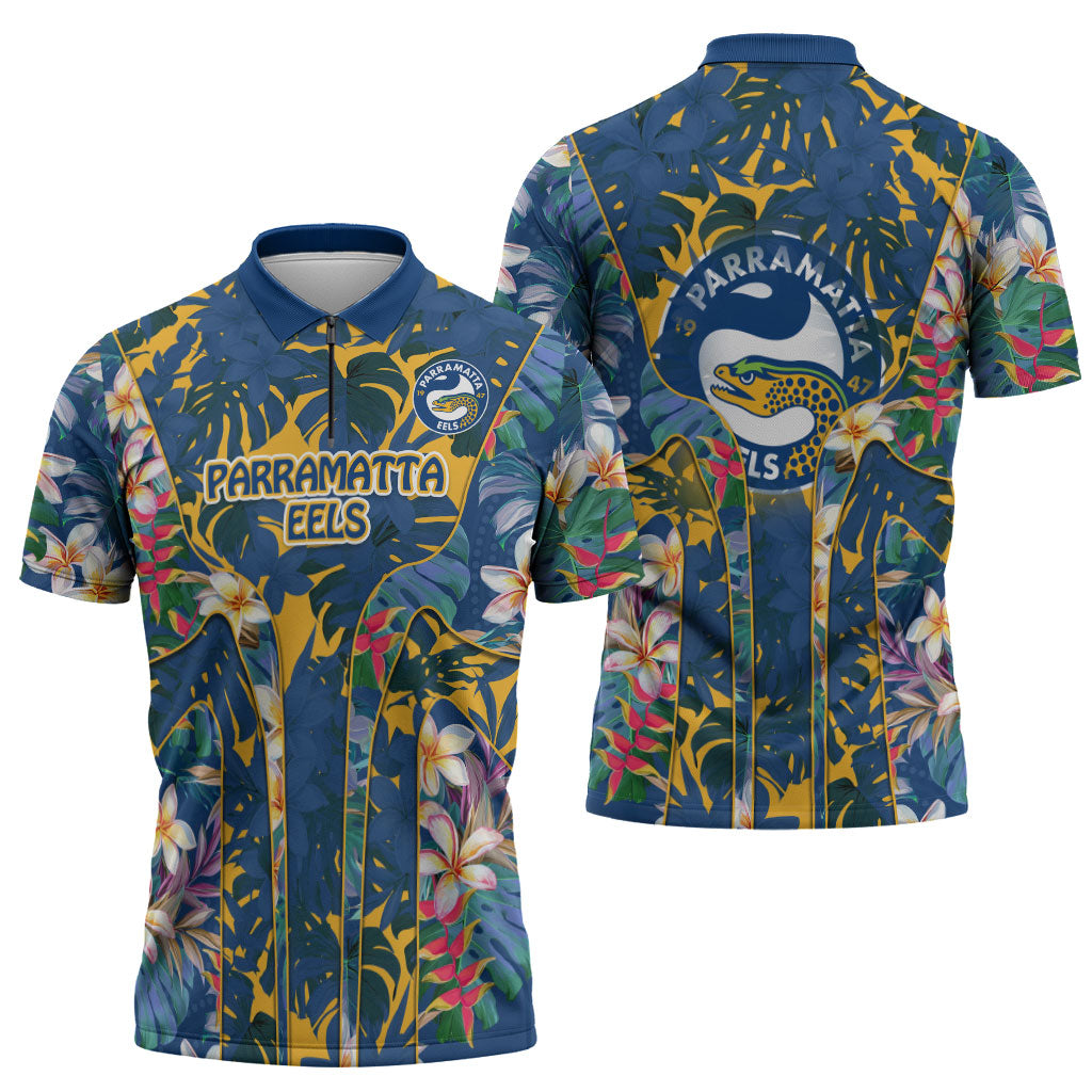 Parramatta Eels Zipper Polo Shirt Tropical Hibiscus Floral Pattern With Blue And Yellow Accents