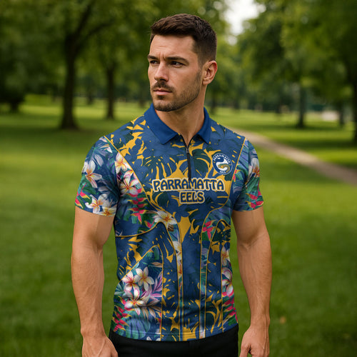 Parramatta Eels Zipper Polo Shirt Tropical Hibiscus Floral Pattern With Blue And Yellow Accents