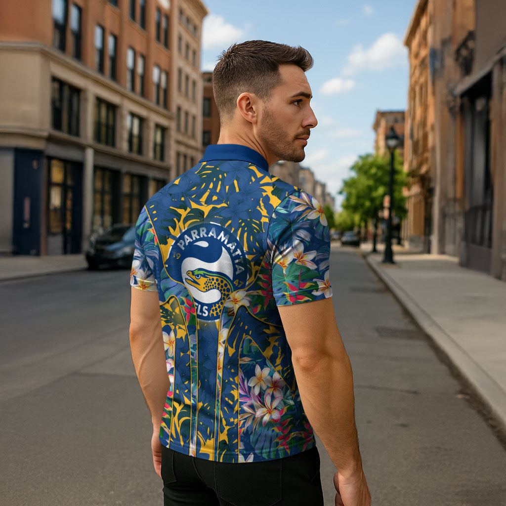 Parramatta Eels Zipper Polo Shirt Tropical Hibiscus Floral Pattern With Blue And Yellow Accents