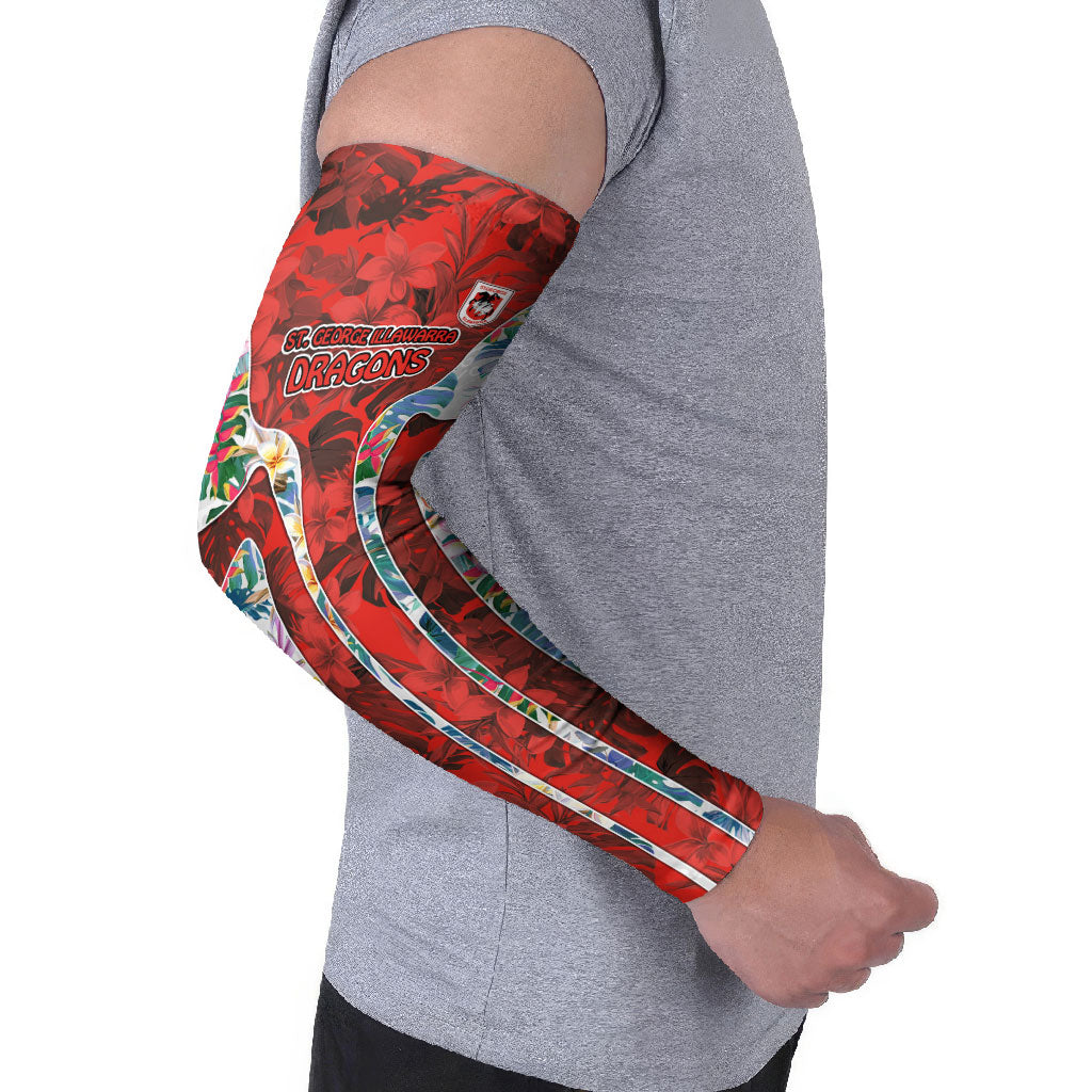 St George Illawarra Dragons Arm Sleeves Tropical Hibiscus Floral Pattern With Red And White Accents