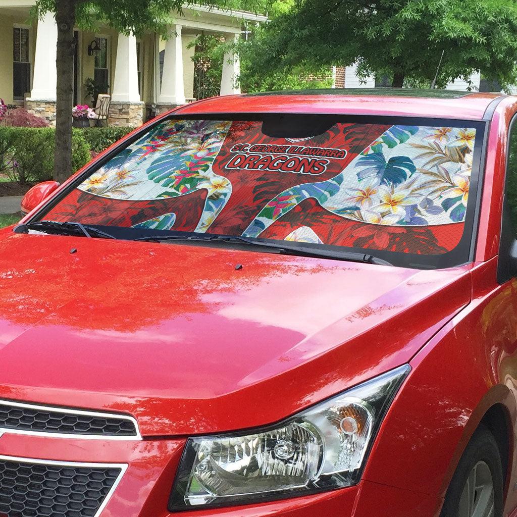 St George Illawarra Dragons Auto Sun Shade Tropical Hibiscus Floral Pattern With Red And White Accents