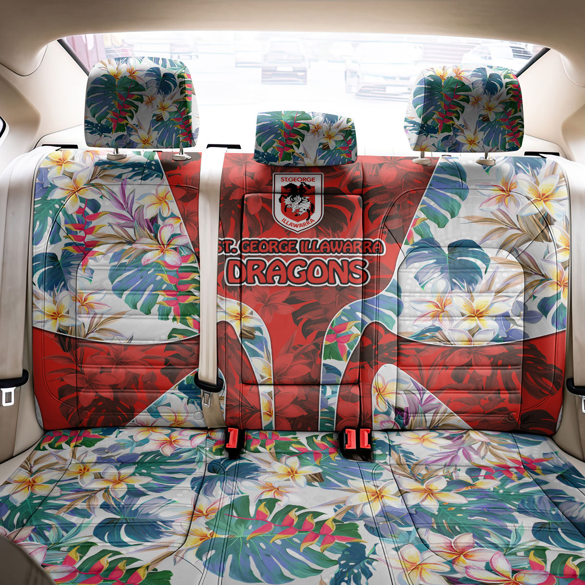 St George Illawarra Dragons Back Car Seat Cover Tropical Hibiscus Floral Pattern With Red And White Accents