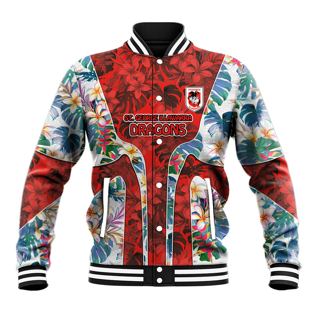 St George Illawarra Dragons Baseball Jacket Tropical Hibiscus Floral Pattern With Red And White Accents