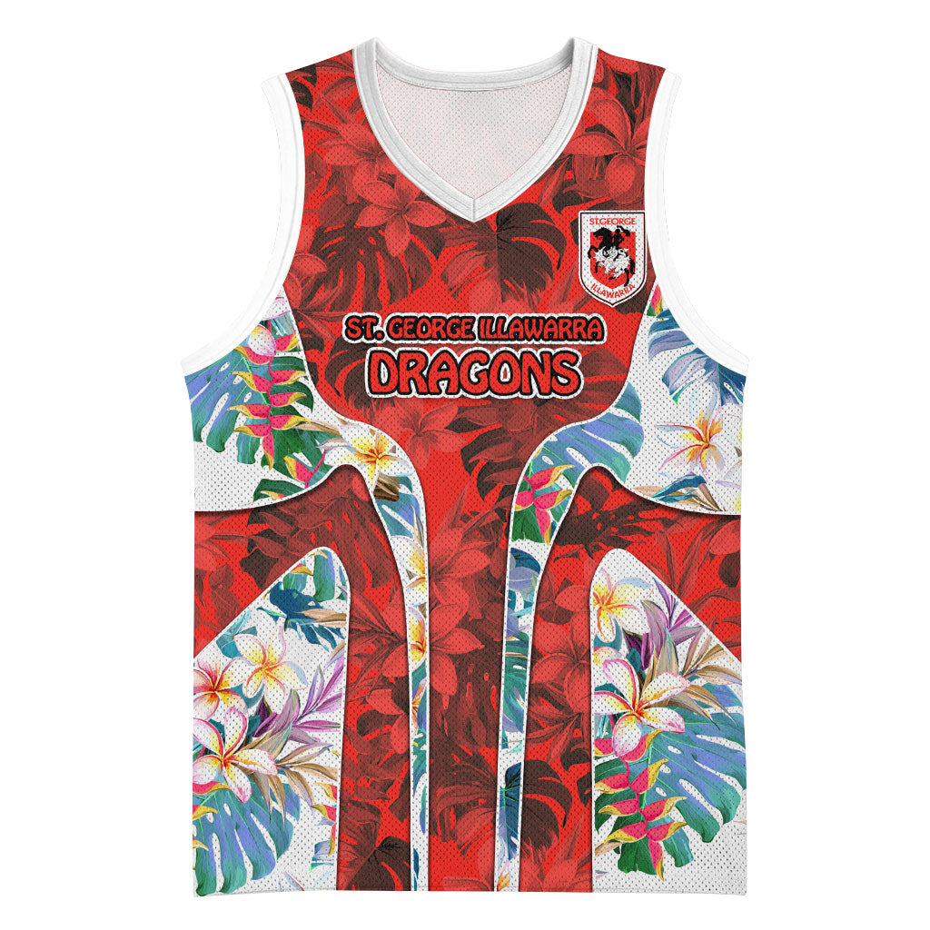 St George Illawarra Dragons Basketball Jersey Tropical Hibiscus Floral Pattern With Red And White Accents