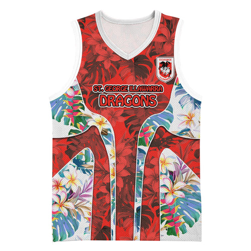 St George Illawarra Dragons Basketball Jersey Tropical Hibiscus Floral Pattern With Red And White Accents