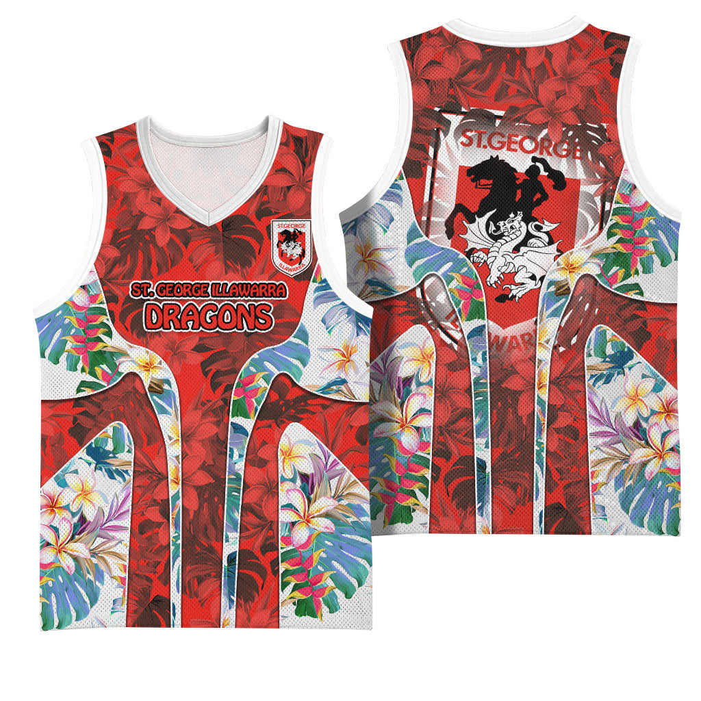 St George Illawarra Dragons Basketball Jersey Tropical Hibiscus Floral Pattern With Red And White Accents