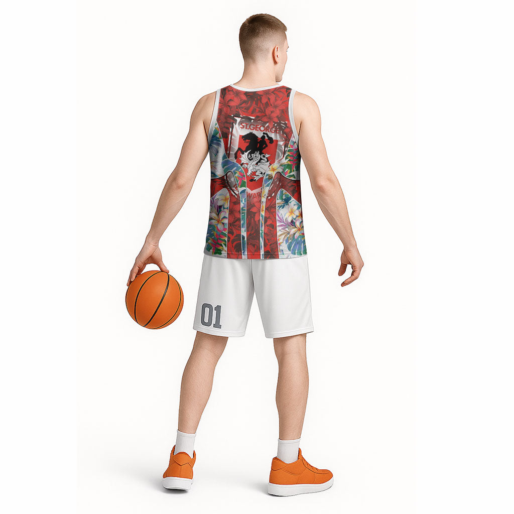 St George Illawarra Dragons Basketball Jersey Tropical Hibiscus Floral Pattern With Red And White Accents