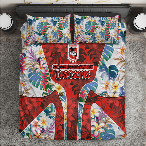 St George Illawarra Dragons Bedding Set Tropical Hibiscus Floral Pattern With Red And White Accents