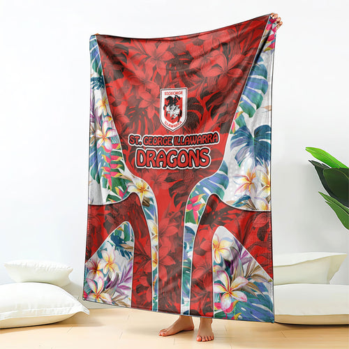 St George Illawarra Dragons Blanket Tropical Hibiscus Floral Pattern With Red And White Accents