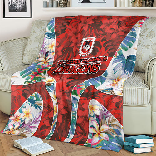 St George Illawarra Dragons Blanket Tropical Hibiscus Floral Pattern With Red And White Accents