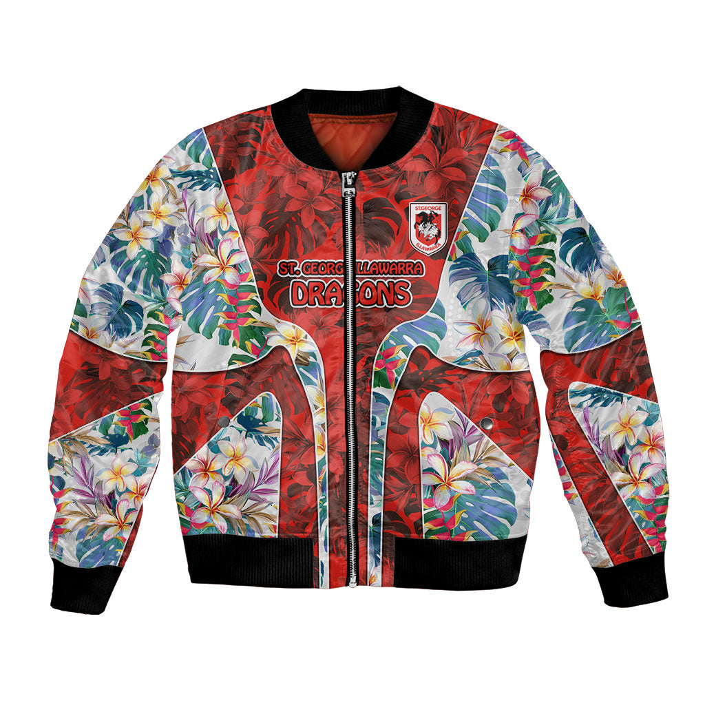 St George Illawarra Dragons Bomber Jacket Tropical Hibiscus Floral Pattern With Red And White Accents