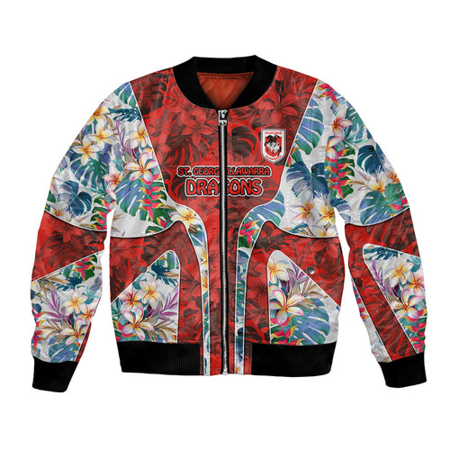 St George Illawarra Dragons Bomber Jacket Tropical Hibiscus Floral Pattern With Red And White Accents