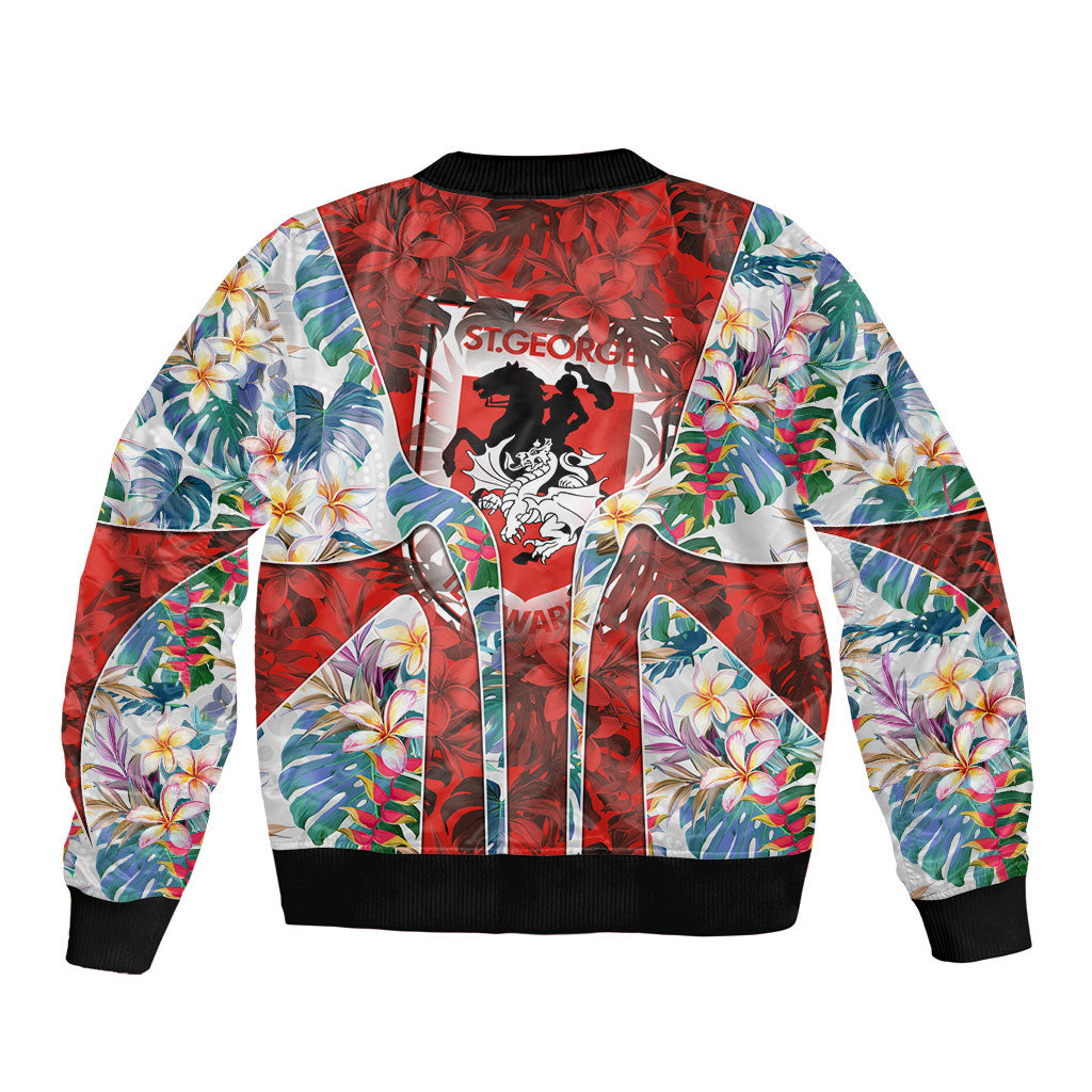 St George Illawarra Dragons Bomber Jacket Tropical Hibiscus Floral Pattern With Red And White Accents