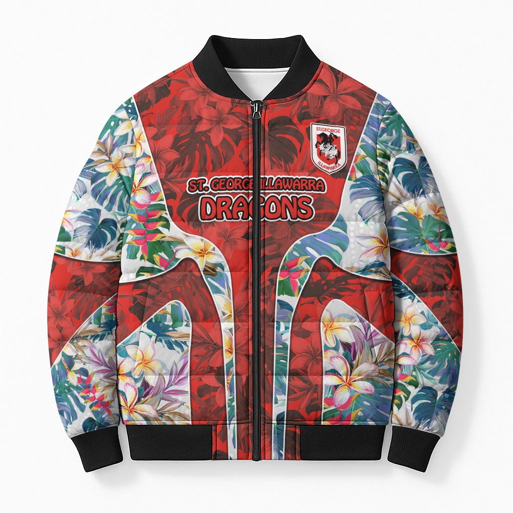 St George Illawarra Dragons Bomber Puffer Jacket Tropical Hibiscus Floral Pattern With Red And White Accents