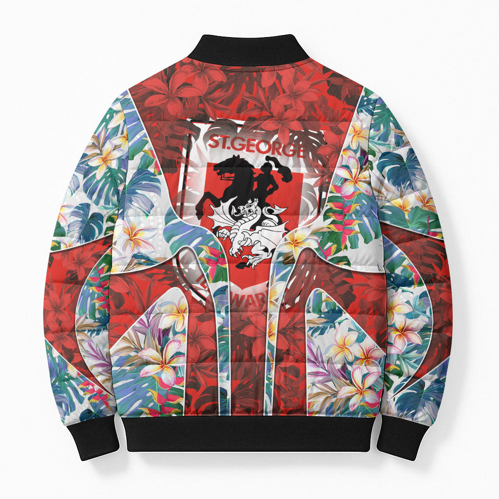 St George Illawarra Dragons Bomber Puffer Jacket Tropical Hibiscus Floral Pattern With Red And White Accents