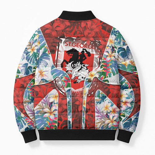 St George Illawarra Dragons Bomber Puffer Jacket Tropical Hibiscus Floral Pattern With Red And White Accents