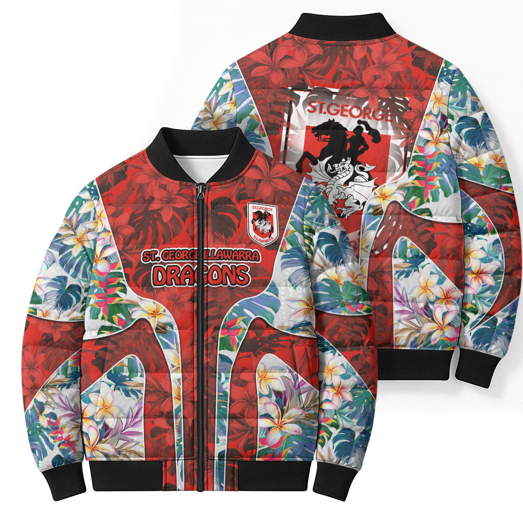 St George Illawarra Dragons Bomber Puffer Jacket Tropical Hibiscus Floral Pattern With Red And White Accents