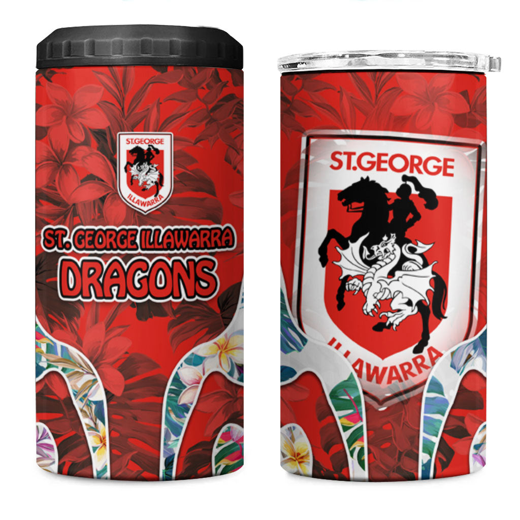 St George Illawarra Dragons 4 in 1 Can Cooler Tumbler Tropical Hibiscus Floral Pattern With Red And White Accents