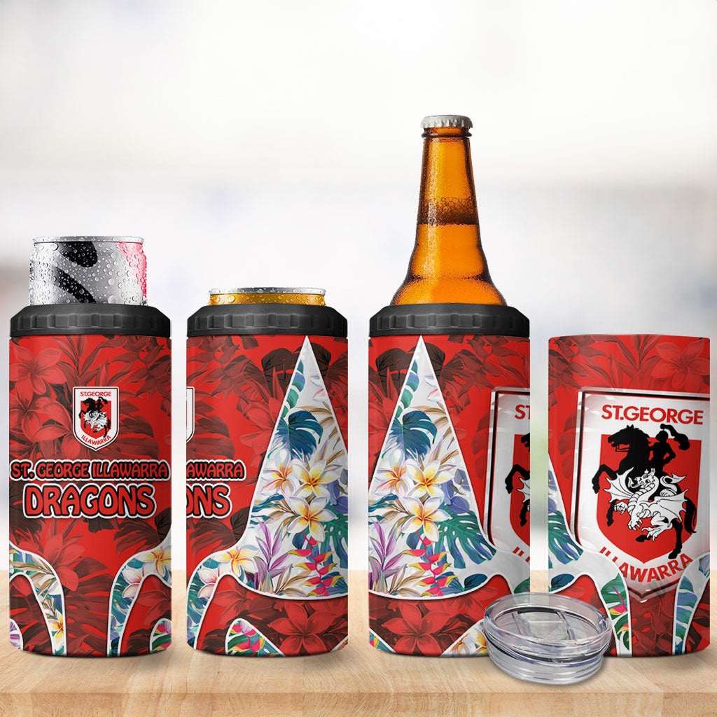 St George Illawarra Dragons 4 in 1 Can Cooler Tumbler Tropical Hibiscus Floral Pattern With Red And White Accents