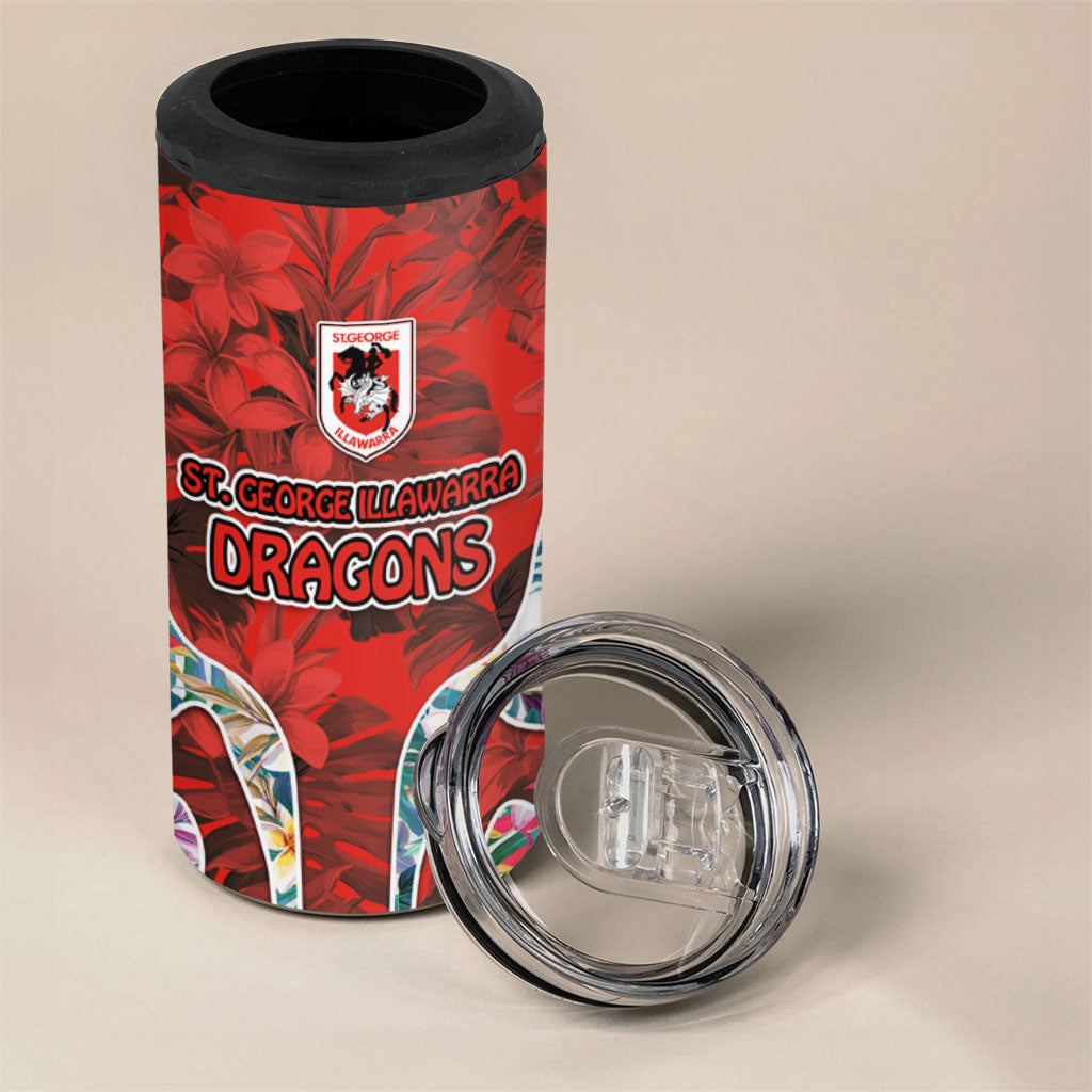 St George Illawarra Dragons 4 in 1 Can Cooler Tumbler Tropical Hibiscus Floral Pattern With Red And White Accents