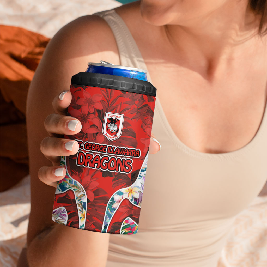 St George Illawarra Dragons 4 in 1 Can Cooler Tumbler Tropical Hibiscus Floral Pattern With Red And White Accents
