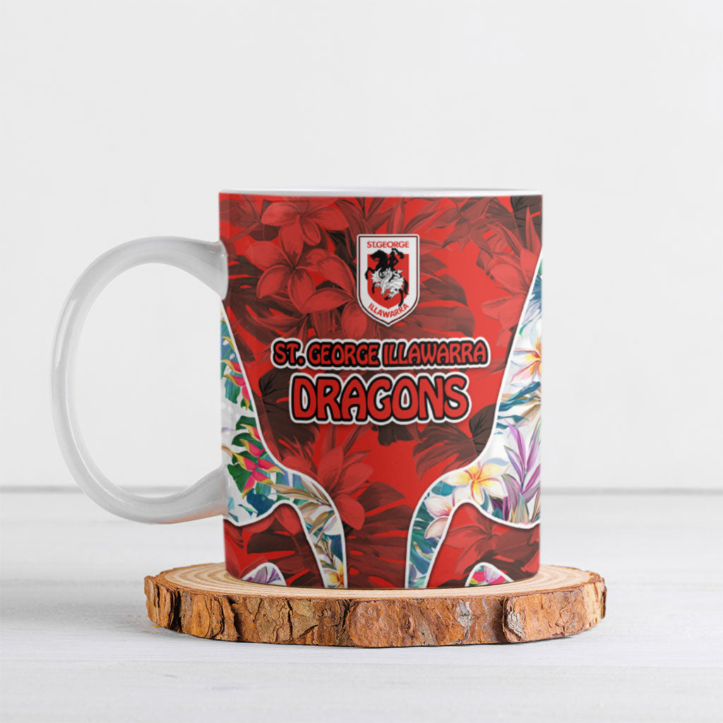 St George Illawarra Dragons Ceramic Mug Tropical Hibiscus Floral Pattern With Red And White Accents