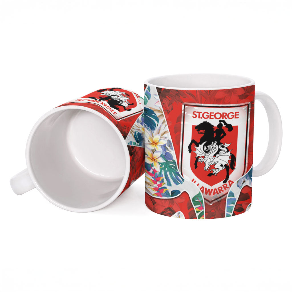 St George Illawarra Dragons Ceramic Mug Tropical Hibiscus Floral Pattern With Red And White Accents