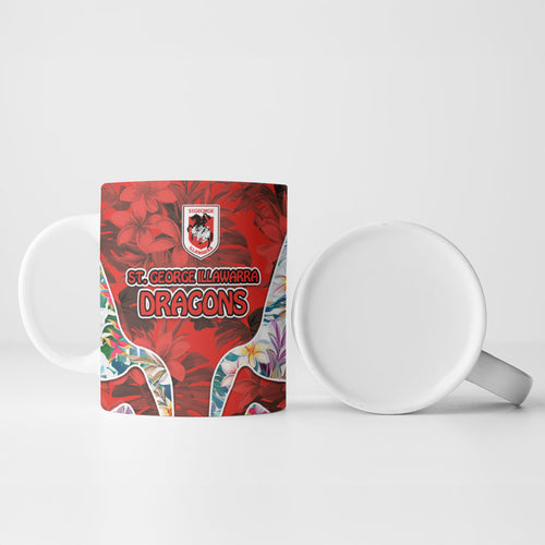St George Illawarra Dragons Ceramic Mug Tropical Hibiscus Floral Pattern With Red And White Accents