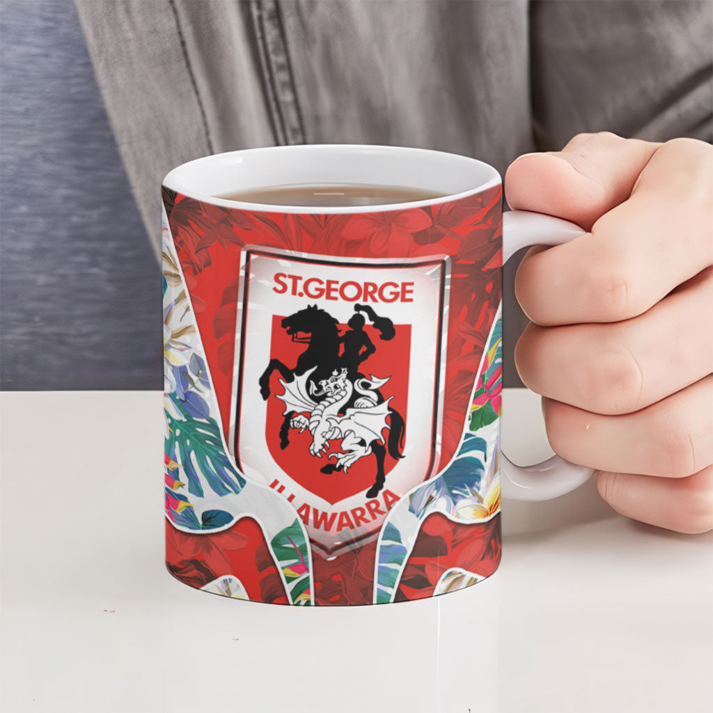 St George Illawarra Dragons Ceramic Mug Tropical Hibiscus Floral Pattern With Red And White Accents