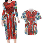 St George Illawarra Dragons Couples Matching Long Sleeve Bodycon Dress and Hawaiian Shirt Tropical Hibiscus Floral Pattern With Red And White Accents
