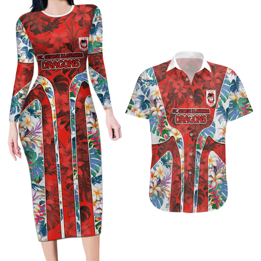 St George Illawarra Dragons Couples Matching Long Sleeve Bodycon Dress and Hawaiian Shirt Tropical Hibiscus Floral Pattern With Red And White Accents